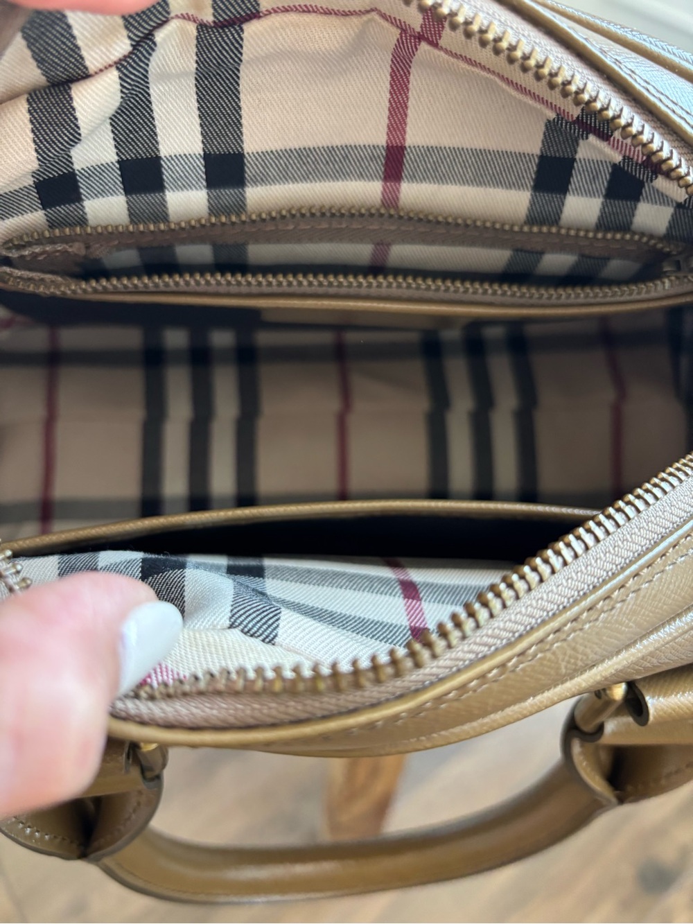 Burberry Camel Saffiano Leather Satchel with Signature Trim - Picture 3 of 4
